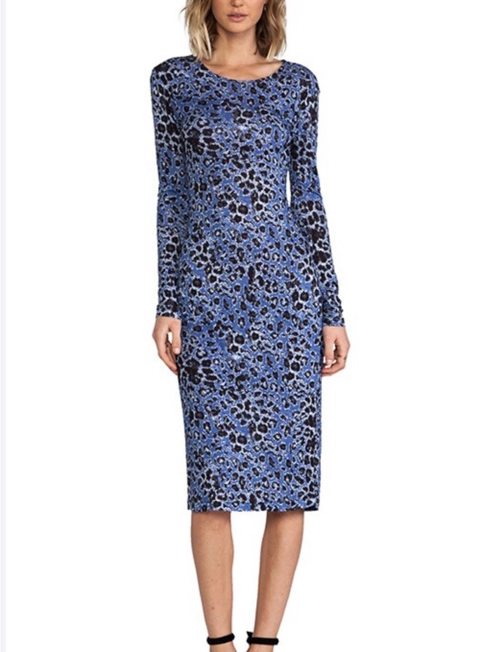 10 Crosby Derek Lam Blue and Black Leopard-Print Long-Sleeve Midi Dress